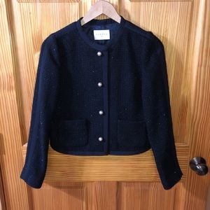 EUC Sandro Lurex Navy Tweed Faux Pearl Button Down 36